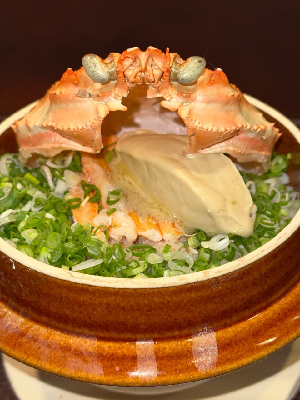 쪽파가 촘촘히 깔린 갈색 솥 위로 게살과 내장 소스가 얹어져 있고 게딱지로 장식된 1인용 솥밥 요리