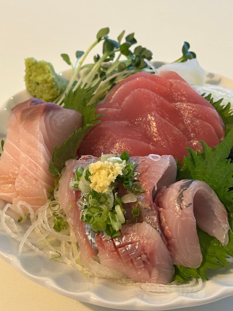 흰 접시에 담긴 참치와 제철 생선회, 다진 생강을 올린 등푸른생선과 고추냉이가 곁들여진 1인용 사시미