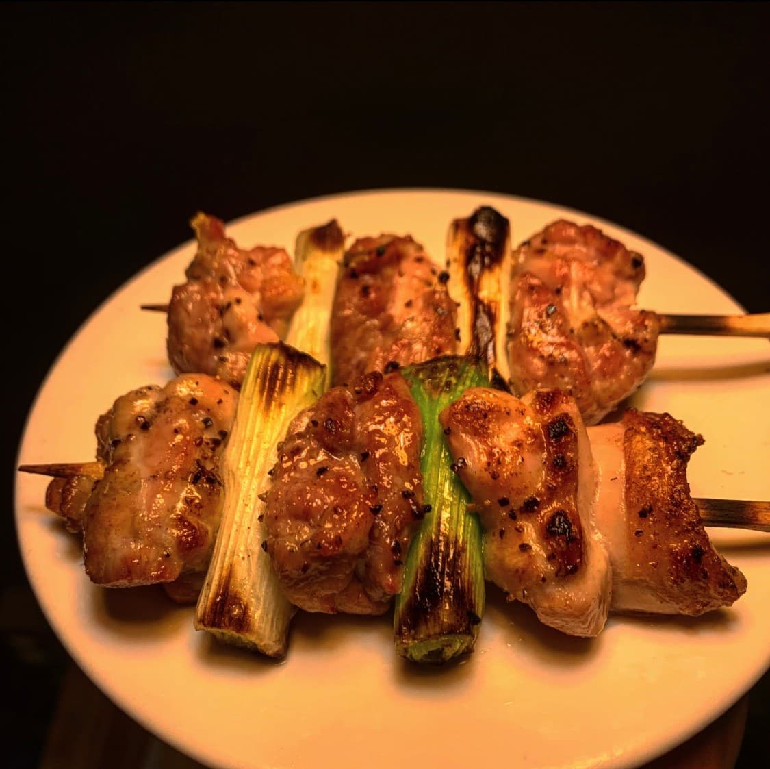 경상남도 진주시 주인집 하대본점 진주 이자카야 다찌석 1인 혼술. 따뜻한 조명 아래 노릇하게 구워진 닭꼬치와 대파의 육즙 가득한 질감.