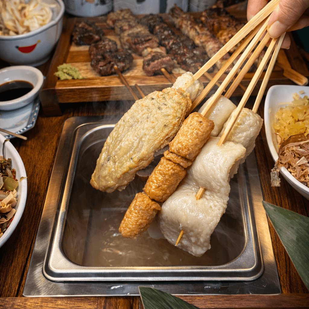 경기도 용인시 쿠시노아 보정카페거리점 경기 이자카야 다찌석 1인 어묵 용기에서 김이 나는 꼬치 뭉치를 들어 올리는 모습. 뒤편에는 노릇한 꼬치구이와 소스가 놓여 있다.