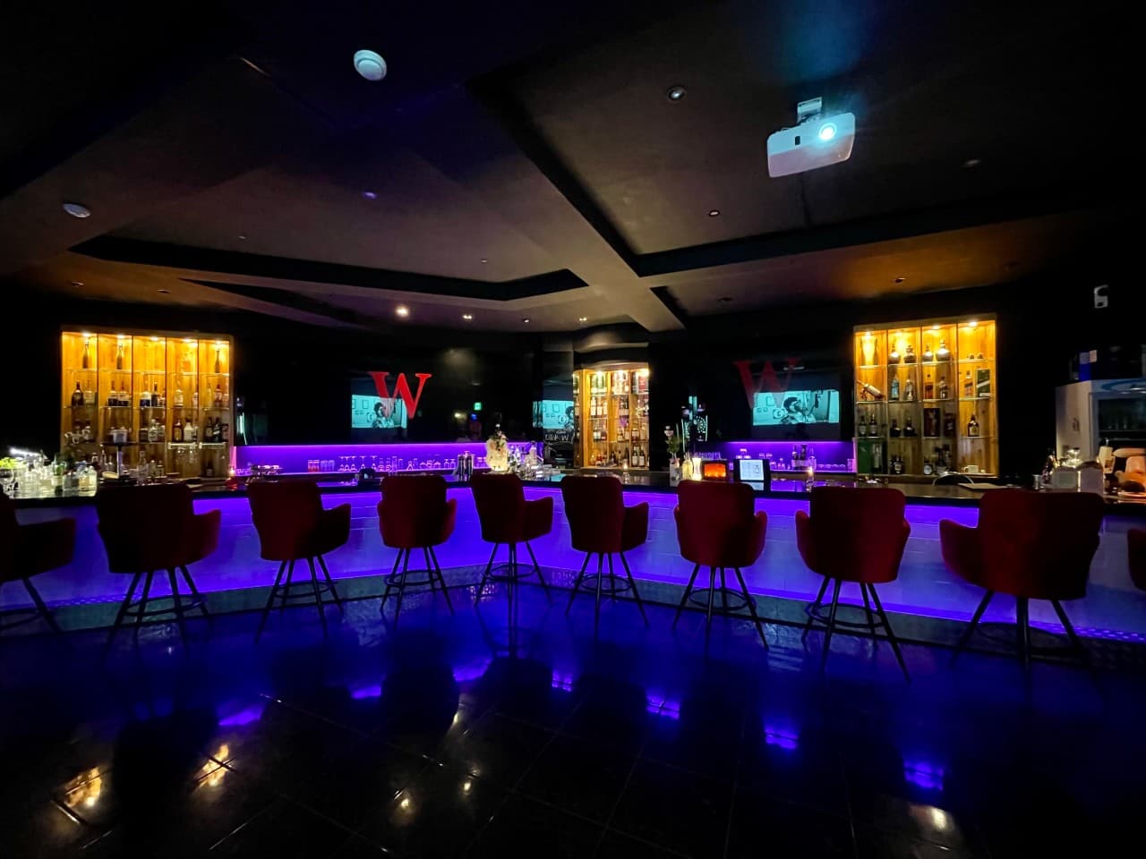 전남광주통합특별시 광양시 혼술 바(Bar) 더블유바 전남 - 보라색 네온 조명 아래 배치된 빨간색 다찌석 의자와 벽면 가득한 주류 진열장이 대조를 이루는 1인 중심 공간