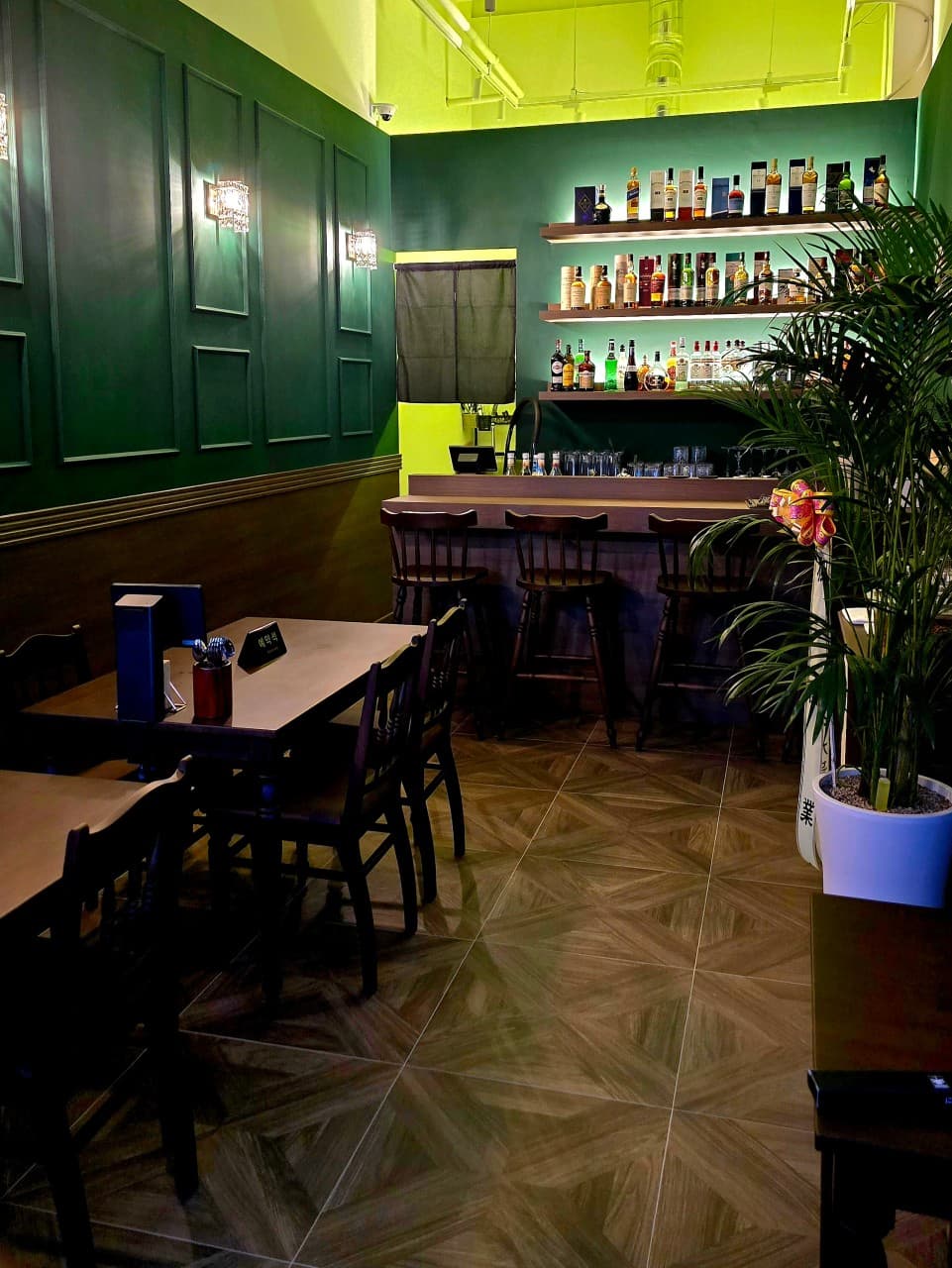 세종특별자치시 보듬3로 드링커 세종 바(Bar)의 초록빛 조명이 비치는 1인 다찌석. 술병이 진열된 선반과 목재 가구, 대형 식물이 배치된 내부에서 즐기는 혼술 상황.