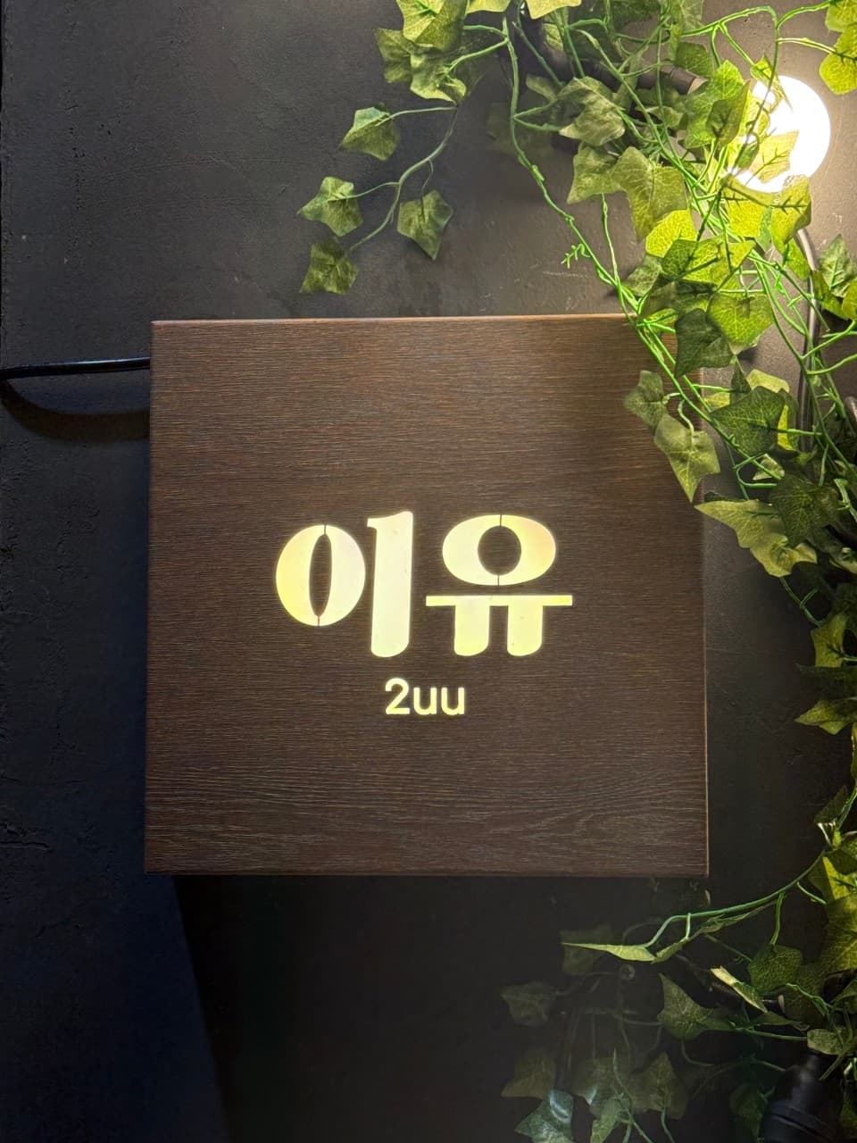 대전광역시 서구 혼술바 이유 대전 나무 간판에 조명이 켜진 모습. 초록색 식물 넝쿨이 벽면을 장식하며 1인 방문이 가능한 바(Bar)의 정체성을 표현함.