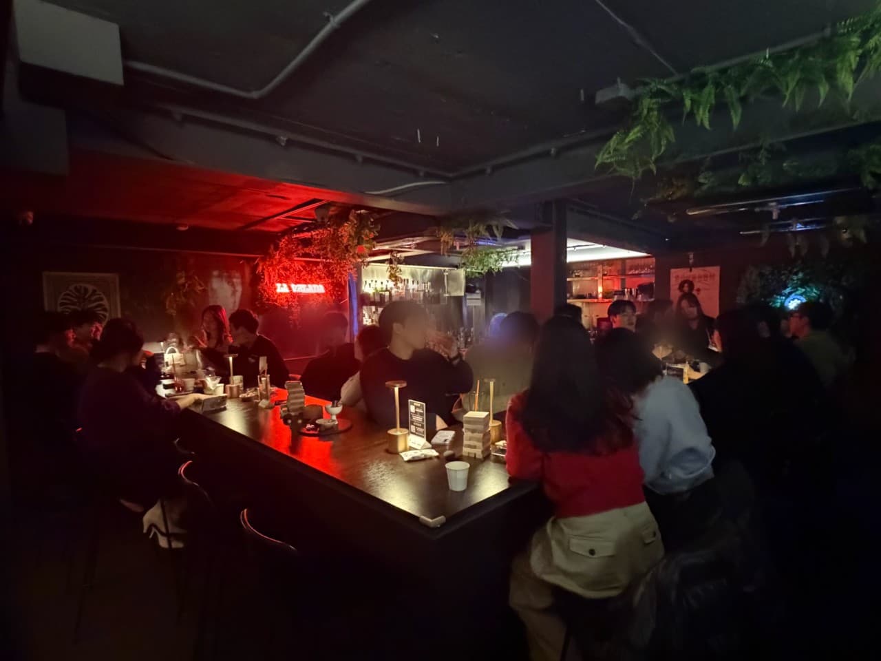 강원특별자치도 원주시 라벨라다 바(Bar) 내부. 붉은 네온 조명과 식물이 배치된 긴 다찌석 카운터에서 혼술 중인 사람들. 테이블 램프와 술잔이 놓인 목재 좌석의 어두운 실내 상황.